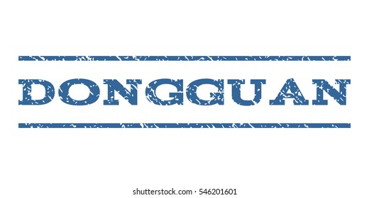 Dongguan watermark stamp. Text caption between horizontal parallel lines with grunge design style. Rubber seal stamp with unclean texture. Vector cobalt color ink imprint on a white background.