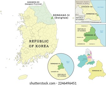 Donghae-si (Donghae) location on Gangwon-do (Gangwon Province) and Republic of Korea (South Korea) map. Clored. Vectored