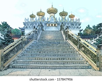 Donglin Temple in Shanghai, China . Vector background . 