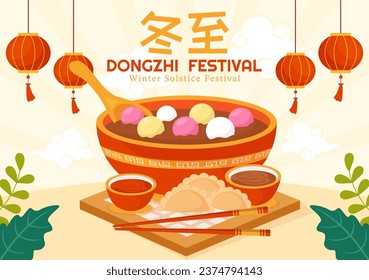 Dongzhi-Vektorgrafik. Translation Dongzhi Festival. am 22. Dezember mit chinesischem Food Tangyuan und Jiaozi in flattem Cartoon-Hintergrund-Design