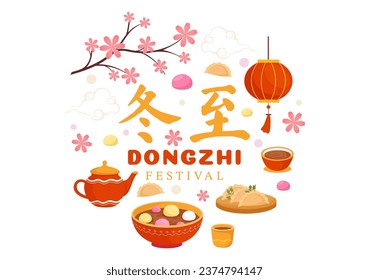 Dongzhi Vector Illustration. Translation Dongzhi Festival. on December 22 with Chinese Food Tangyuan and Jiaozi in Flat Cartoon Background Design
