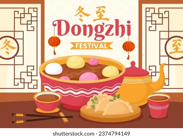 Dongzhi Vector Illustration. Translation Dongzhi Festival. on December 22 with Chinese Food Tangyuan and Jiaozi in Flat Cartoon Background Design