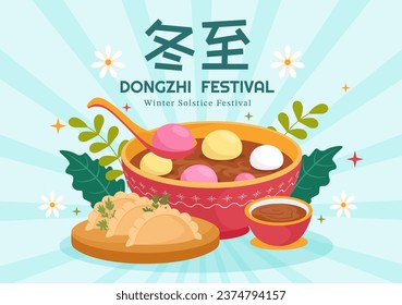 Ilustración del vector Dongzhi. Festival de Traducción Dongzhi. el 22 de diciembre con la comida china Tangyuan y Jiaozi en diseño de fondo de caricatura plana