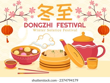 Dongzhi-Vektorgrafik. Translation Dongzhi Festival. am 22. Dezember mit chinesischem Food Tangyuan und Jiaozi in flattem Cartoon-Hintergrund-Design