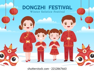 Dongzhi or Winter Solstice Festival Template Hand Drawn Cartoon Flat Illustration with Family Enjoying Chinese Food Tangyuan and Jiaozi Concept