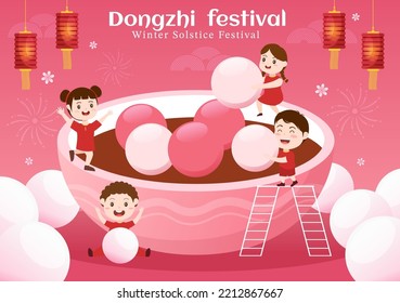 Dongzhi oder Winter Solstice Festival Vorlage handgezeichnet Cartoon Flache Illustration mit Familie Genießen Sie chinesisches Essen Tangyuan und Jiaozi Konzept