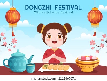 Dongzhi or Winter Solstice Festival Template Hand Drawn Cartoon Flat Illustration with Family Enjoying Chinese Food Tangyuan and Jiaozi Concept