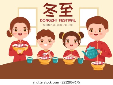 Dongzhi or Winter Solstice Festival Template Hand Drawn Cartoon Flat Illustration with Family Enjoying Chinese Food Tangyuan and Jiaozi Concept