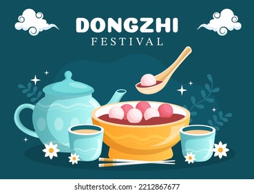 Dongzhi oder Winter Solstice Festival Vorlage handgezeichnet Cartoon Flache Illustration mit Familie Genießen Sie chinesisches Essen Tangyuan und Jiaozi Konzept