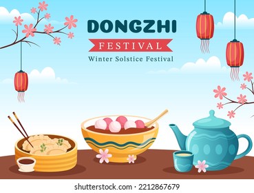 Dongzhi or Winter Solstice Festival Template Hand Drawn Cartoon Flat Illustration with Family Enjoying Chinese Food Tangyuan and Jiaozi Concept