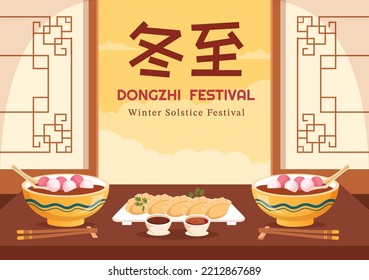 Dongzhi oder Winter Solstice Festival Vorlage handgezeichnet Cartoon Flache Illustration mit Familie Genießen Sie chinesisches Essen Tangyuan und Jiaozi Konzept