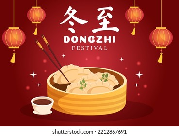 Planilla del Festival de Solsticio de Invierno Dongzhi ilustraciones planas de dibujos animados con la familia disfrutando del concepto de comida china Tanguyuan y Jiaozi