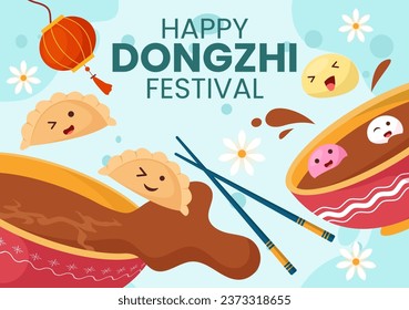 Dongzhi or Winter Solstice Festival Vector Illustration on December 22 with Chinese Food Tangyuan and Jiaozi in Flat Cartoon Background Design