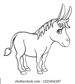 A donkey animal cute cartoon character black and white coloring illustration