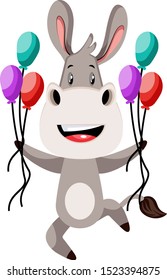 Burro com balões, ilustração, vetor sobre fundo branco.