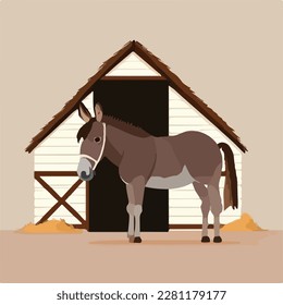 Donkey in a barn. Domestic or farm yard animals. Flat vector illustration concept