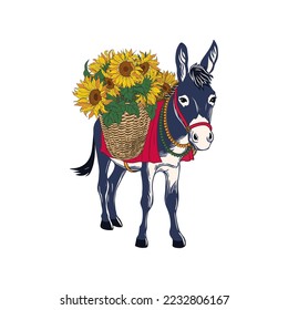 
Donkey with a basket of sunflowers. Hand drawn vector illustration. Color isolated image.
