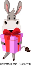 Burro com presente de aniversário, ilustração, vetor sobre fundo branco.