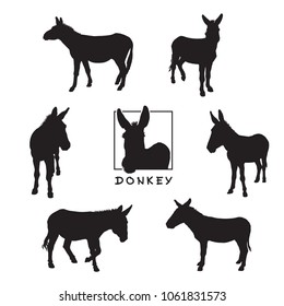 Donkey - black silhouettes isolated on white background.
Set of vector illustrations of cute farm animal together with a large raster image.