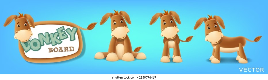 Donkey board set, Donkey blackboard, standing, sitting and different poses vector illustration