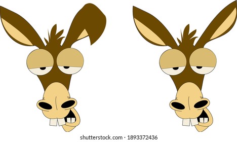 Donkey or Bunny Head Face (Logo Sign Symbol Vector Icon Design Cartoon). Boring, lazy expression, with variation at the ear. Marketing, Business Concept