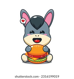 donkey with burger cartoon vector illustration.