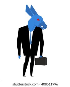  Donkey businessman. Metaphor of Democratic Party of United States. Wild animal with briefcase and tie. Beast in business suit. Political illustration for USA elections