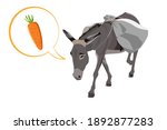 Donkey carries a heavy load, a big bag and speech bubble with the carrot he dreams of. Cartoon colorful vector illustration.