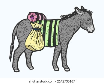 Donkey carrying heavy loads color. Sketch scratch board imitation. Engraved illustration for and T-shirts or tattoo.