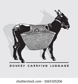 Donkey with carrying luggage - side view. 
Cute black and white illustration of farm animal with basket on the back. Vector image.