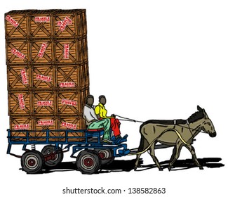 DONKEY CART CARRYING CRATE overloaded