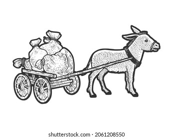 donkey with cart loaded with grain bags sketch engraving vector illustration. T-shirt apparel print design. Scratch board imitation. Black and white hand drawn image.