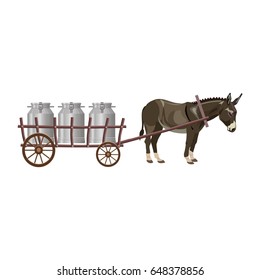 Donkey Cart With Milk Cans. Vector Illustration