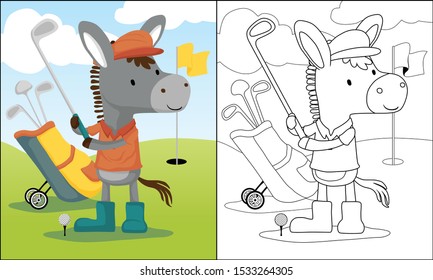 Donkey cartoon playing golf, coloring book or page