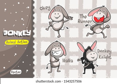 Donkey Cartoon Set. Vector Design of Animal Action