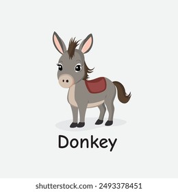 Donkey Cartoon Vector Illustration for Kids Learning, Posters, Cards, and Sublimation Prints on White Background