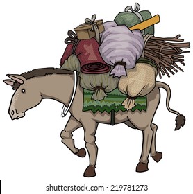 Donkey character loaded with various heavy loads, vector illustration