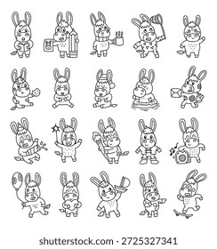 Conjunto de personajes de burro en el arte de la línea de contorno que muestra diferentes emociones y poses, sosteniendo libro, lápiz, taza, galleta, carta, bengala, pincel, globo, corazón, velero