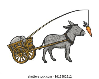 Donkey chasing carrot that is tied to him and drags cart with load sketch engraving vector illustration. T-shirt apparel print design. Scratch board style imitation. Black and white hand drawn image.