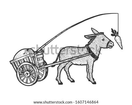 Donkey chasing carrot that is tied to him and drags cart with load sketch engraving vector illustration. T-shirt apparel print design. Scratch board style imitation. Black and white hand drawn image.