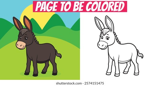 Donkey coloring page with a black-and-white outline and vibrant colored version. Perfect for kids’ art and educational activities.