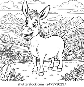 Donkey Coloring pages for kids, Little cute donkey stands and smiles. Coloring book, a little donkey is walking On a forest, around flowers, a forest, Fields.