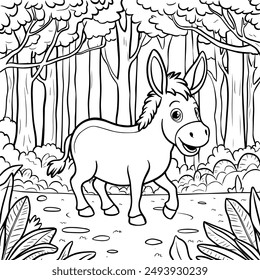 Donkey Coloring pages for kids, Little cute donkey stands and smiles. Coloring book, a little donkey is walking On a forest, around flowers, a forest, Fields.