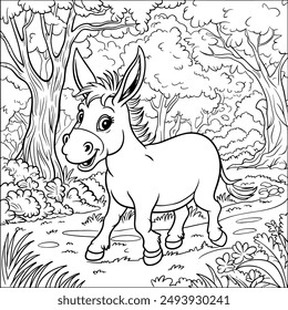 Donkey Coloring pages for kids, Little cute donkey stands and smiles. Coloring book, a little donkey is walking On a forest, around flowers, a forest, Fields.