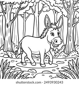 Donkey Coloring pages for kids, Little cute donkey stands and smiles. Coloring book, a little donkey is walking On a forest, around flowers, a forest, Fields.