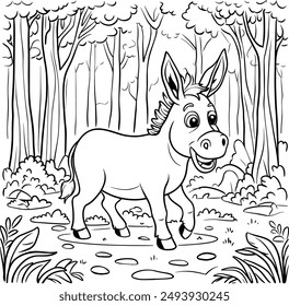 Donkey Coloring pages for kids, Little cute donkey stands and smiles. Coloring book, a little donkey is walking On a forest, around flowers, a forest, Fields.