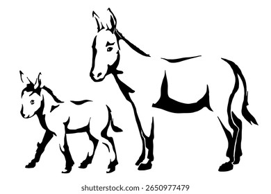 donkey and colt vector black and white light and shadow illustration