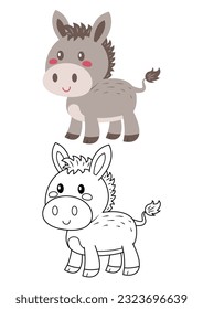 Donkey-süße Vektorgrafik-Cartoon einzeln auf weißem Hintergrund. Donkey-Vektorgrafik gefärbt und farblos. Farbseiten für Kinder. 