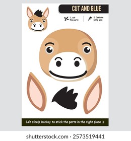 Donkey cutout and gluing activity worksheet for kids. Fun and educational craft.