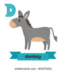 Donkey. D letter. Cute children animal alphabet in vector. Funny cartoon animals. Vector illustration